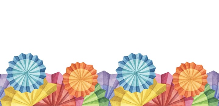 Seamless border of Mexican paper fans hand drawn set in watercolor. Colorful cinco de mayo design with fiesta flowers isolated on white background. Clip arts for printing, cards, banners, packaging