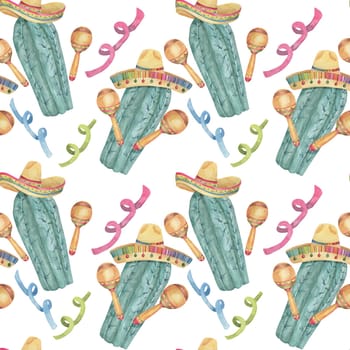 Seamless pattern with Cinco de Mayo hand drawn elements in watercolor. Colorful cacti with maracas and fiesta flowers tiles. Repeat clip arts for printing, textile, apparel, wrapping, paper, packaging