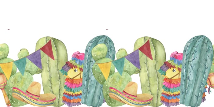 Seamless border of Mexican elements hand drawn in watercolor. Cinco de Mayo design with cacti, flags and pinata isolated on white background. Clip arts for printing, cards, banners, packaging