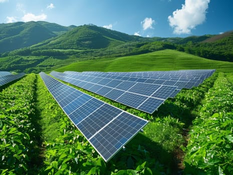 Solar panels in green field aerial view. Sustainable energy, green technology concept . Ai generated