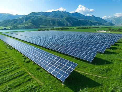 Solar panels in green field aerial view. Sustainable energy, green technology concept . Ai generated