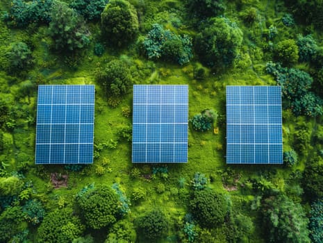 Solar panels in green field aerial view. Sustainable energy, green technology concept . Ai generated