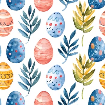 A beautiful seamless pattern of watercolor Easter eggs and leaves in shades of azure and aqua on a white background, perfect for dishware or textile designs