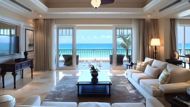 An interior designed living room in a beachfront house with furniture, fixtures, and lighting overlooking the ocean, featuring a table, curtain, and stunning water views