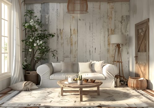 A living room featuring a white couch against a wooden wall, with a plant near the window. The interior design of the house offers comfort and warmth with wooden floors