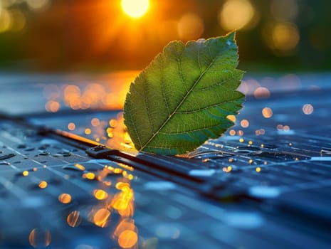 Green leaf is over a solar panel. Macro closeup concept of sustainable energy and nature. . Ai generated