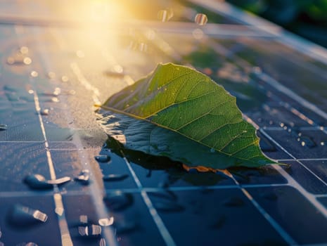 Green leaf is over a solar panel. Macro closeup concept of sustainable energy and nature. . Ai generated