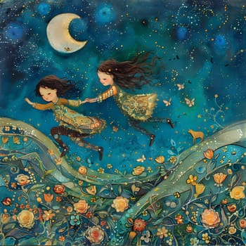 A painting of two girls holding hands under a crescent moon, set against an azure sky reflected in the water. The electric blue moon shines on a pattern of plants and aqua hues