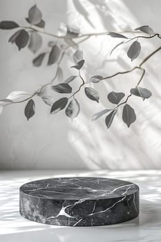 A monochrome photo of a black marble podium adorned with delicate leaves and twigs, showcasing a timeless style with natural materials and a sleek blackandwhite color palette