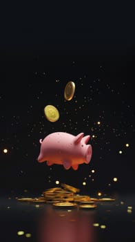 Gold coins falling into pink piggy bank on darkness background, Generative AI.
