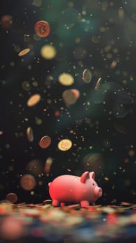 Gold coins falling into pink piggy bank on darkness background, Generative AI.