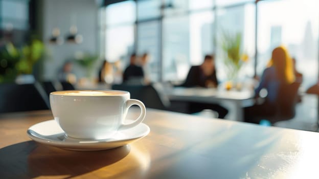 A white cup of coffee in the office in the background with office workers, Generative AI.