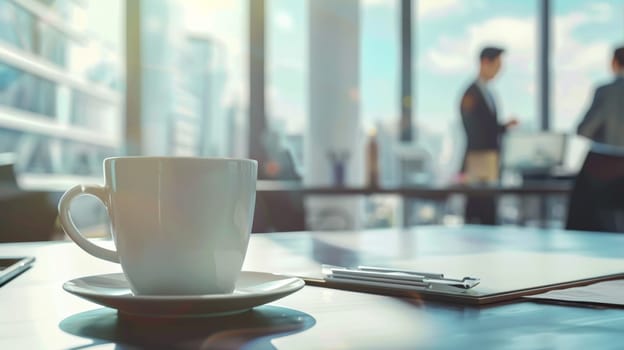 A white cup of coffee in the office in the background with office workers, Generative AI.