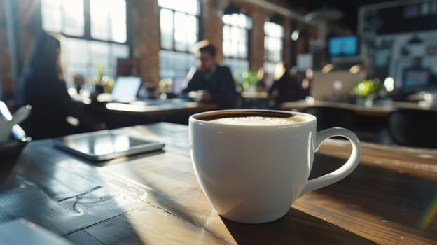 A white cup of coffee in the office in the background with office workers, Generative AI.