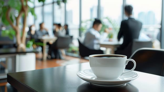 A white cup of coffee in the office in the background with office workers, Generative AI.