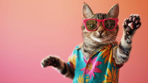 Cat wearing colorful clothes and sunglasses on pastel background, Summer vacation, Generative AI.