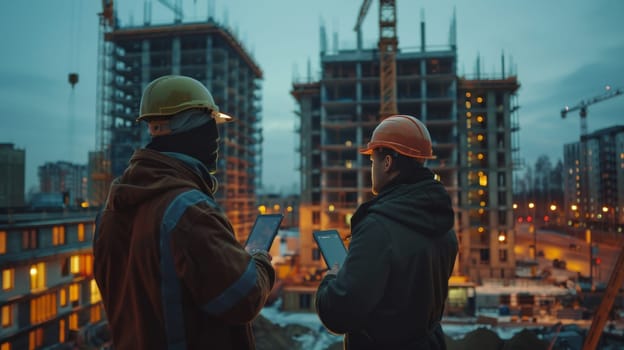 Interaction between Foreman and technician in construction site, Generative AI.