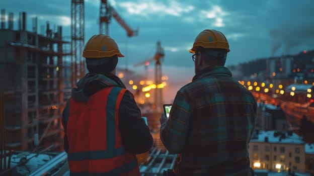 Interaction between Foreman and technician in construction site, Generative AI.