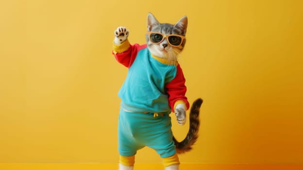 Cat wearing colorful clothes and sunglasses on pastel background, Summer vacation, Generative AI.