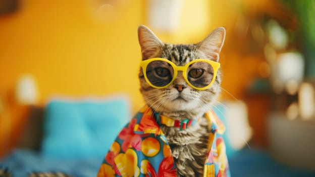 Cat wearing colorful clothes and sunglasses on pastel background, Summer vacation, Generative AI.