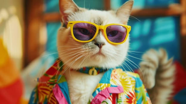 Cat wearing colorful clothes and sunglasses on pastel background, Summer vacation, Generative AI.