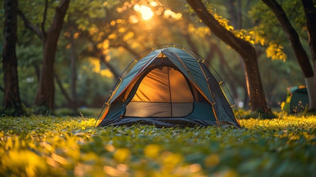 Camping in the woods, Camping tent set up in a lush green forest, Generative AI.