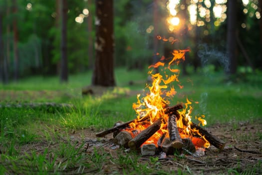 Big vibrant camp fire in green forest background during daytime, Generative AI.