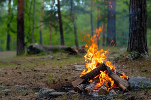 Big vibrant camp fire in green forest background during daytime, Generative AI.