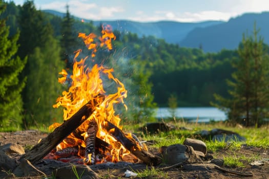 Big vibrant camp fire in green forest background during daytime, Generative AI.