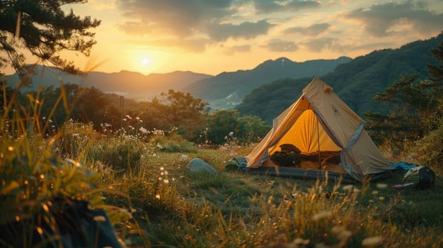 Camping in the woods, Camping tent set up in a lush green forest, Generative AI.