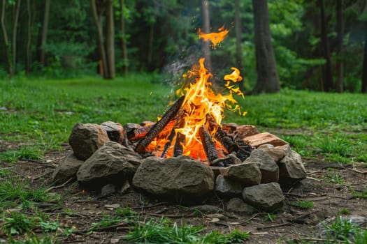 Big vibrant camp fire in green forest background during daytime, Generative AI.