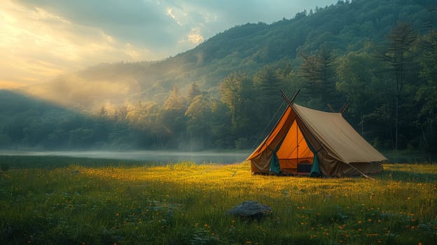 Camping in the woods, Camping tent set up in a lush green forest, Generative AI.