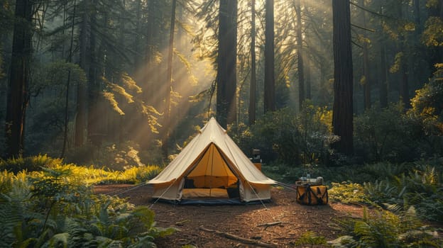 Camping in the woods, Camping tent set up in a lush green forest, Generative AI.