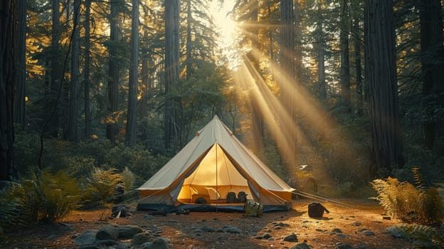 Camping in the woods, Camping tent set up in a lush green forest, Generative AI.