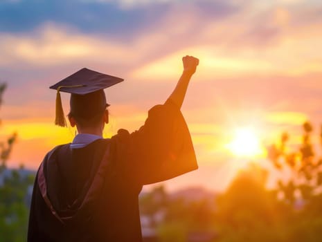 A woman in a graduation cap and gown is standing in front of a sunset.