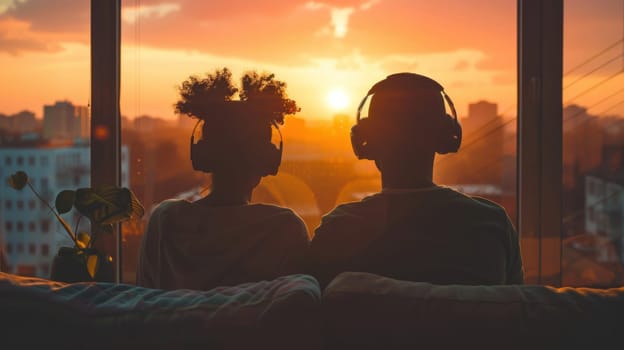 Two people are sitting on a couch and listening to music. The sun is setting in the background