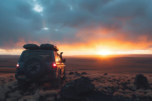 A car is driving down a road with a beautiful sunset in the background.