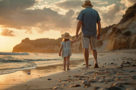 A man and a little girl are walking on the beach.