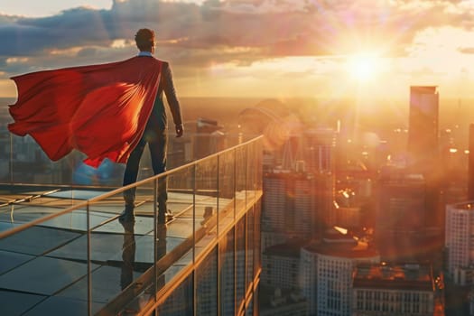 A man in a red cape stands on a rooftop in a city.