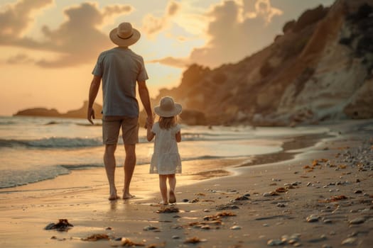 A man and a little girl are walking on the beach. The man is holding the girl's hand. The sky is orange and the sun is setting. Scene is peaceful and relaxing