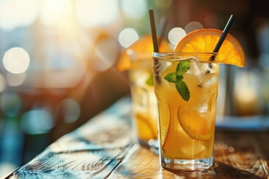 A glass of lemonade with a straw in it and a slice of lemon on the side.