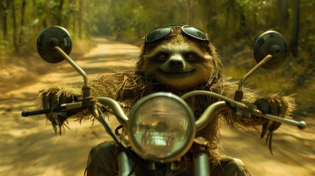 A sloth is riding a motorcycle with a helmet on. The sloth is smiling and he is enjoying the ride