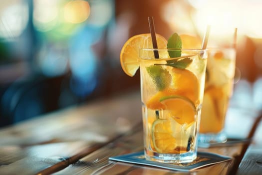 A glass of lemonade with a straw in it and a slice of lemon on the side.