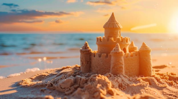 A sand castle is built on the beach with the sun shining on it.