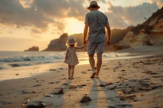 A man and a little girl are walking on the beach.