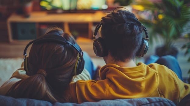 A man and woman are sitting on a couch, both wearing headphones. They are watching television together