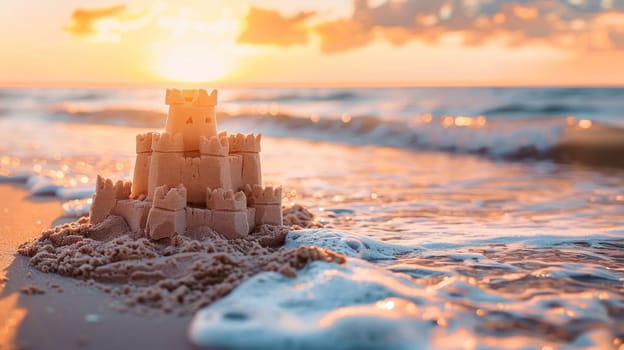 A sand castle is built on the beach with the sun shining on it.