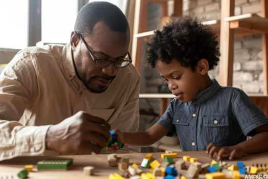 A man and a boy are playing with brick block.