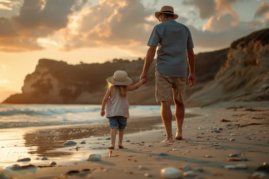 A man and a little girl are walking on the beach.