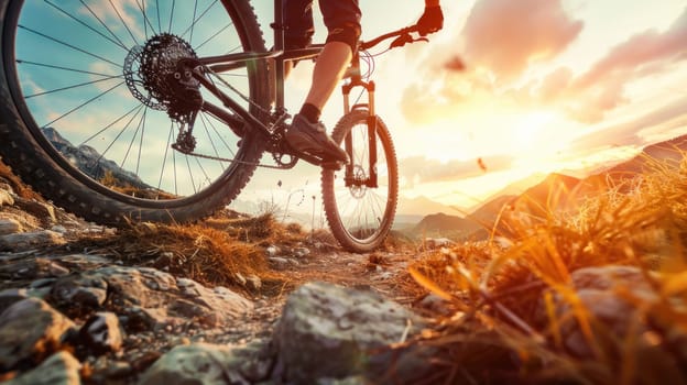 A person is riding a bike on a rocky mountain trail. The sun is setting, casting a warm glow over the scene. The rider is wearing black shoes and he is enjoying the ride